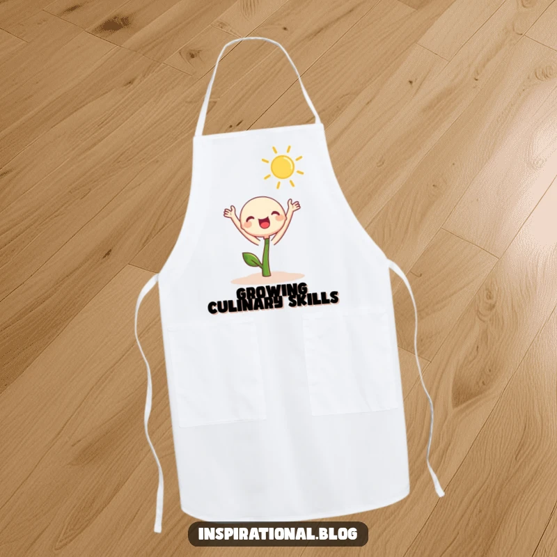 Funny Apron showing a cute sprout character joyfully reaching towards the sun, bringing playful charm to gardening or cooking.