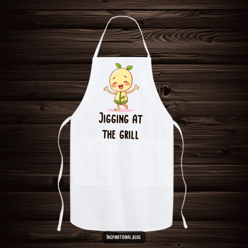 Funny seedling character doing a happy jig on an apron, ready for kitchen fun and cooking.