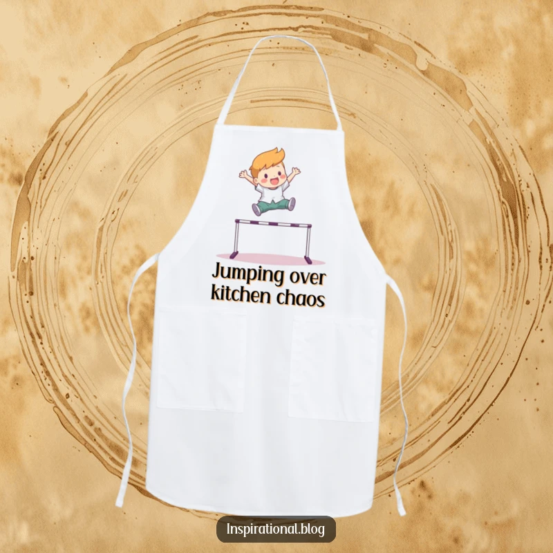 Funny apron with a character joyfully leaping over a hurdle, perfect for cooks who tackle kitchen tasks with energy and success.