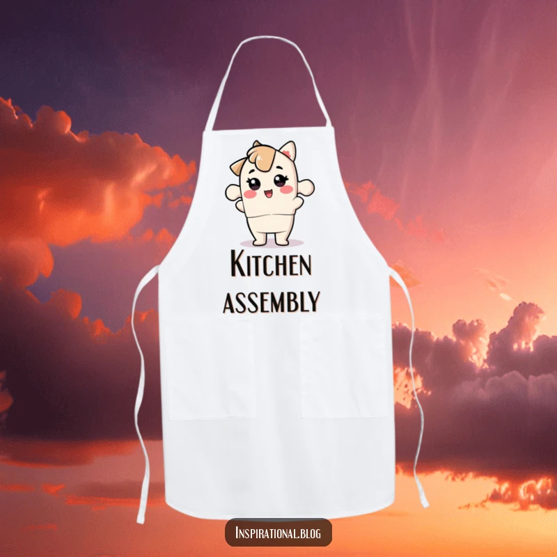 Funny jigsaw puzzle piece character on an apron, ready for kitchen tasks and fun.