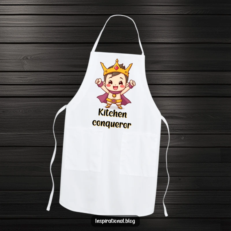 Funny Hero Apron featuring a cheerful, tiny character striking a heroic pose, ideal for kitchen bravery and gifting.