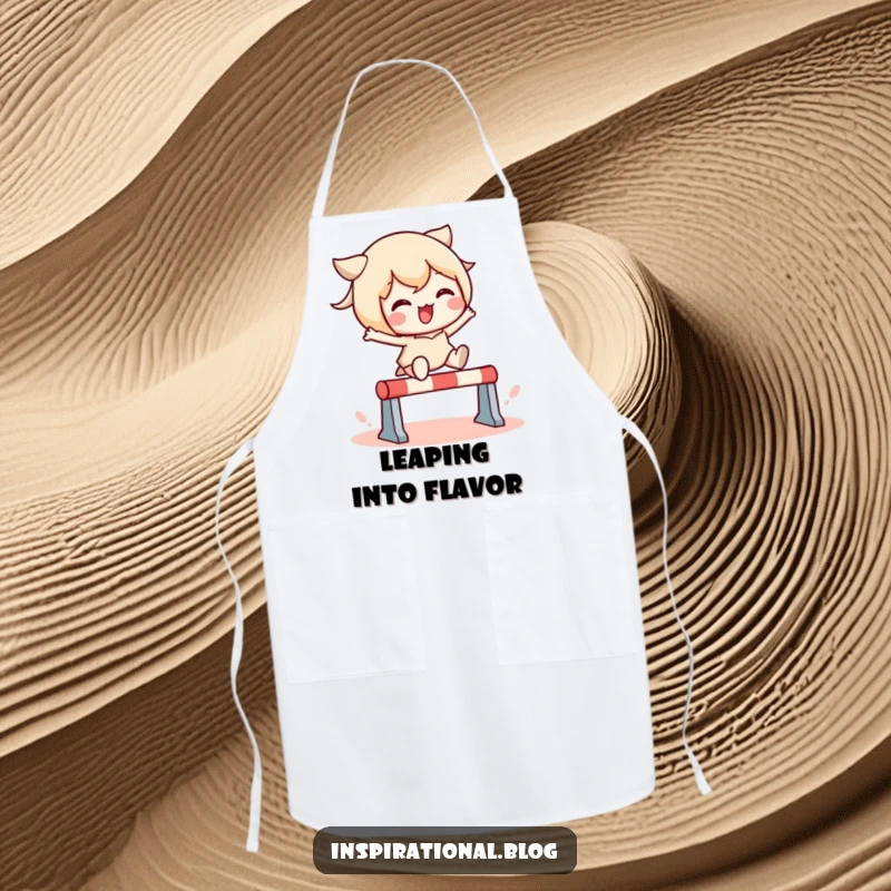 Funny apron showcasing a kawaii character in mid-leap over a small hurdle, adding humor and charm to kitchen activities.