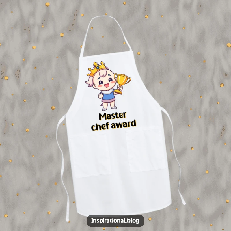 Funny apron illustrating a proud character holding a trophy, perfect for adding humor and a celebratory touch to kitchen activities.
