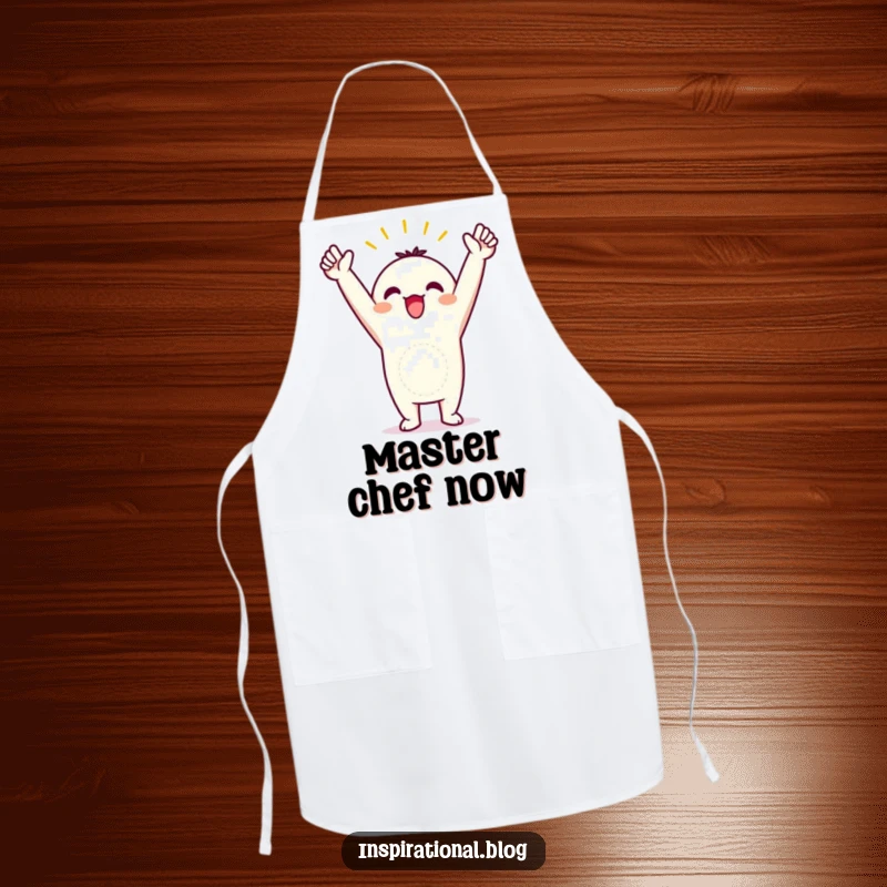 Funny apron with a kawaii character in a triumphant pose with arms in the air, celebrating kitchen victories.