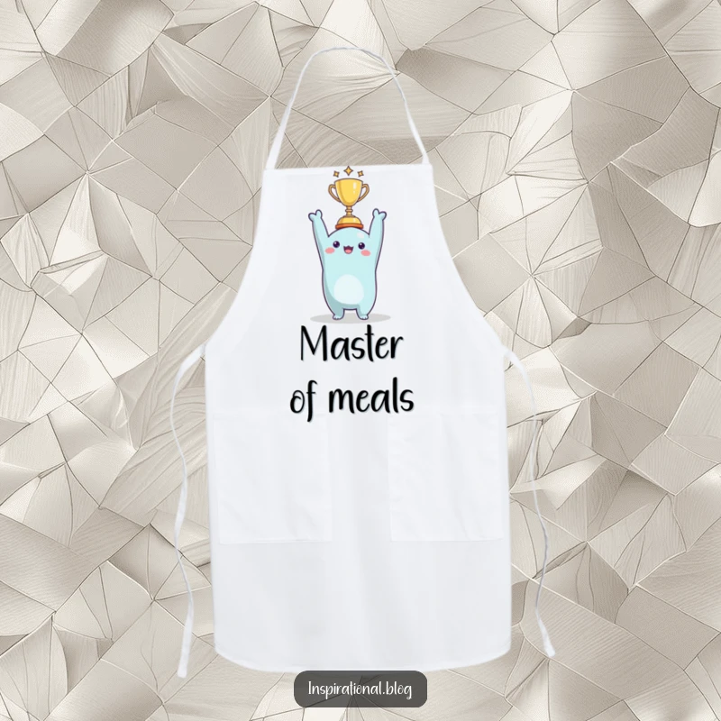 Funny character raising a tiny trophy on an apron, ideal for celebrating cooking wins with humor.