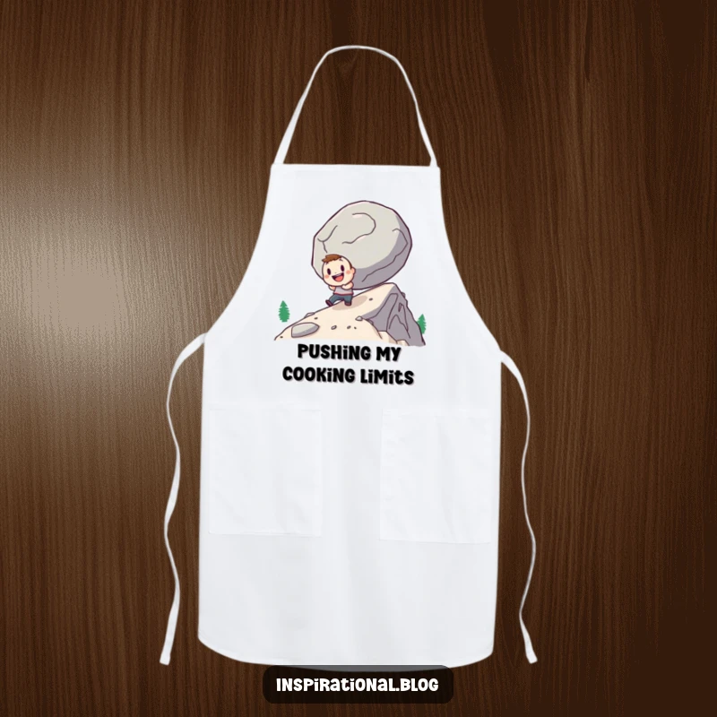 Funny apron with a determined character pushing a giant boulder uphill cheerfully, ideal for kitchen tasks and gifting.