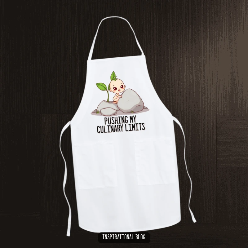 Funny Apron: Kitchen wear with a determined sprout character pushing a big rock, perfect for humorous cooking.