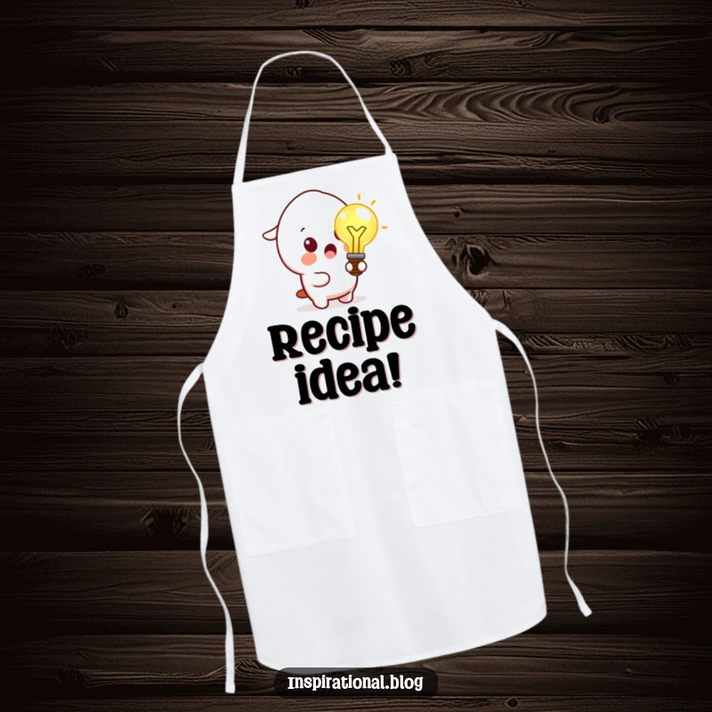 Funny apron with a surprised kawaii character holding a glowing idea lightbulb, inspiring creative cooking.