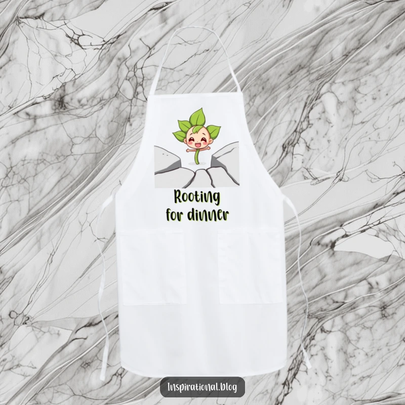 Funny apron with a determined sprout character breaking through pavement with joy, embodying growth and gardening enthusiasm.