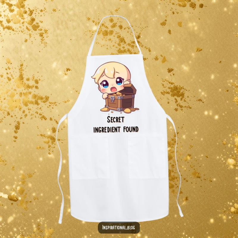 Funny apron showcasing a character with wide, shocked eyes discovering a treasure chest filled with potential culinary delights.