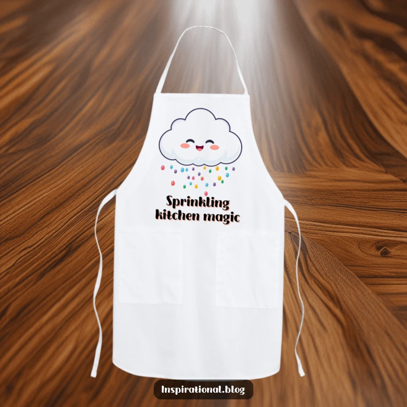 Funny apron with a cheerful rain cloud character giggling and sprinkling colorful drops, ideal for adding humor to cooking.