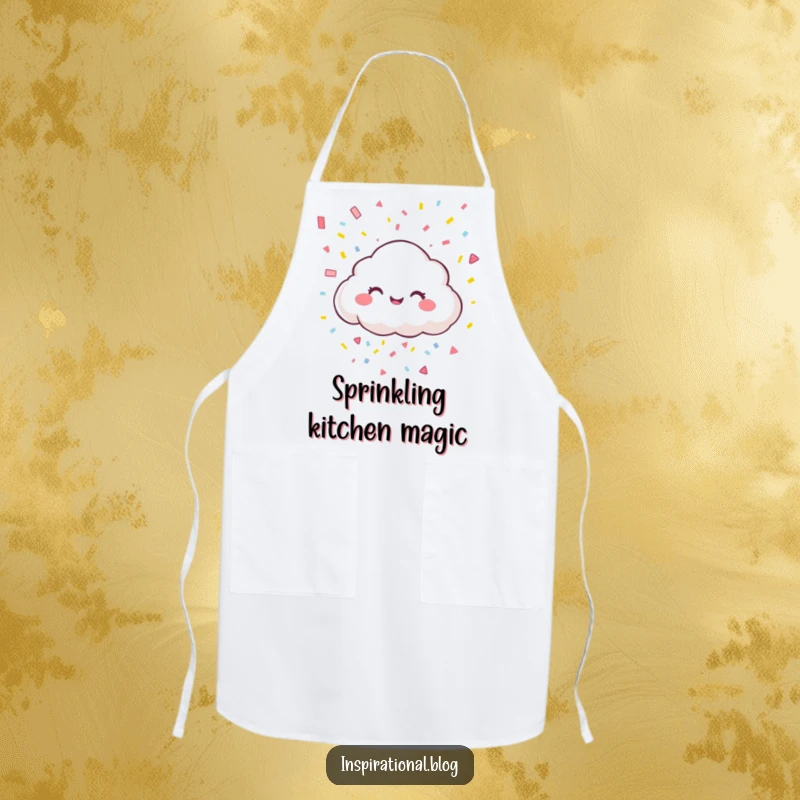 Funny apron featuring a giggling cloud character raining colorful confetti, perfect for adding festive cheer to kitchen activities.