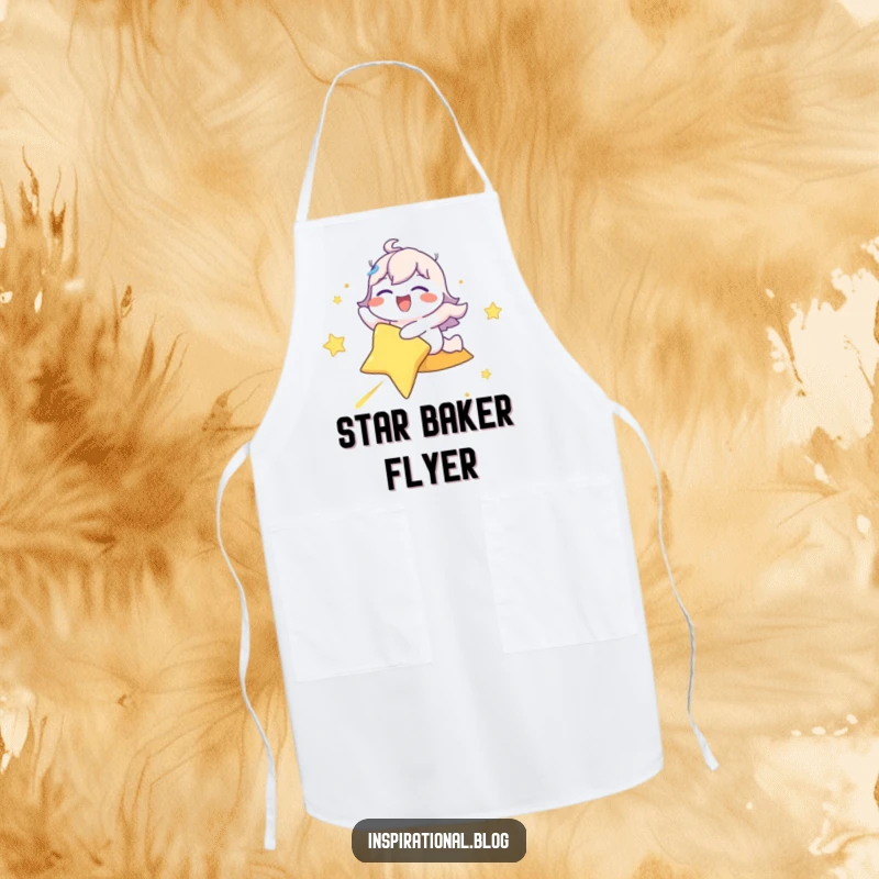 Funny apron depicting a cheerful character eyes closed, riding a shooting star while cooking, adding humor to the kitchen.
