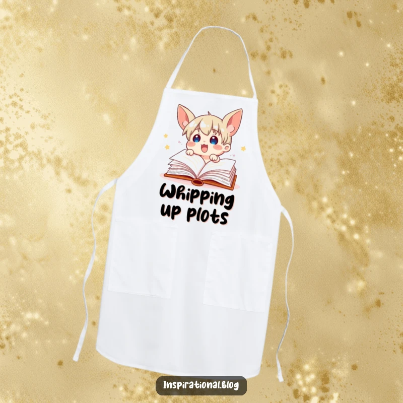 Funny book character depicted on an apron, pages fluttering, ready for kitchen adventures, a fun cooking accessory.