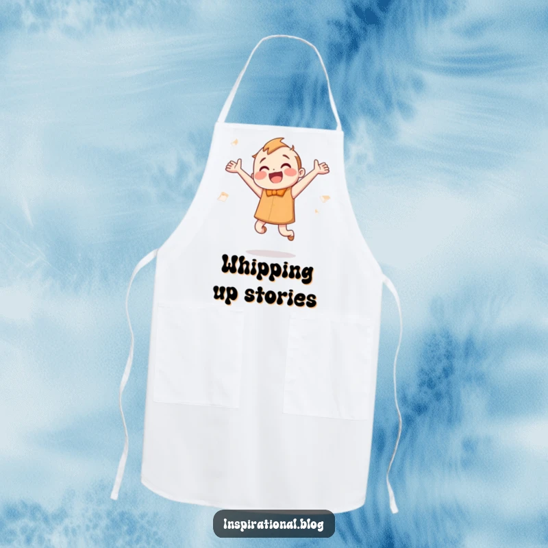 Funny Apron: A happy, smiling book character jumps enthusiastically, pages fluttering, bringing literary fun to cooking.