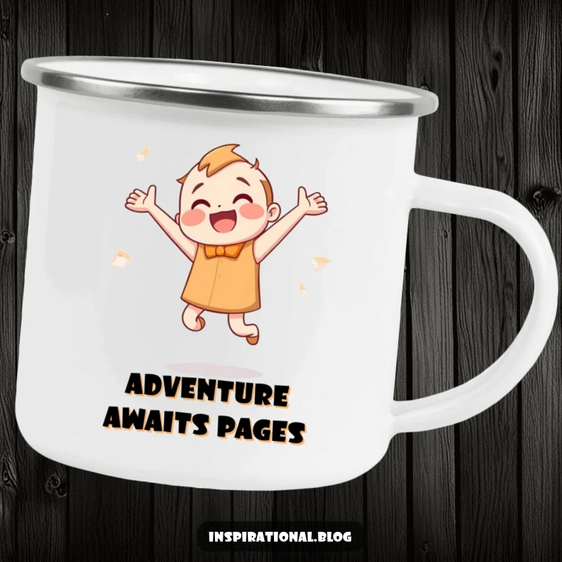 Funny Camping Mug: A happy, smiling book character jumps enthusiastically, pages fluttering, perfect for outdoor reading.