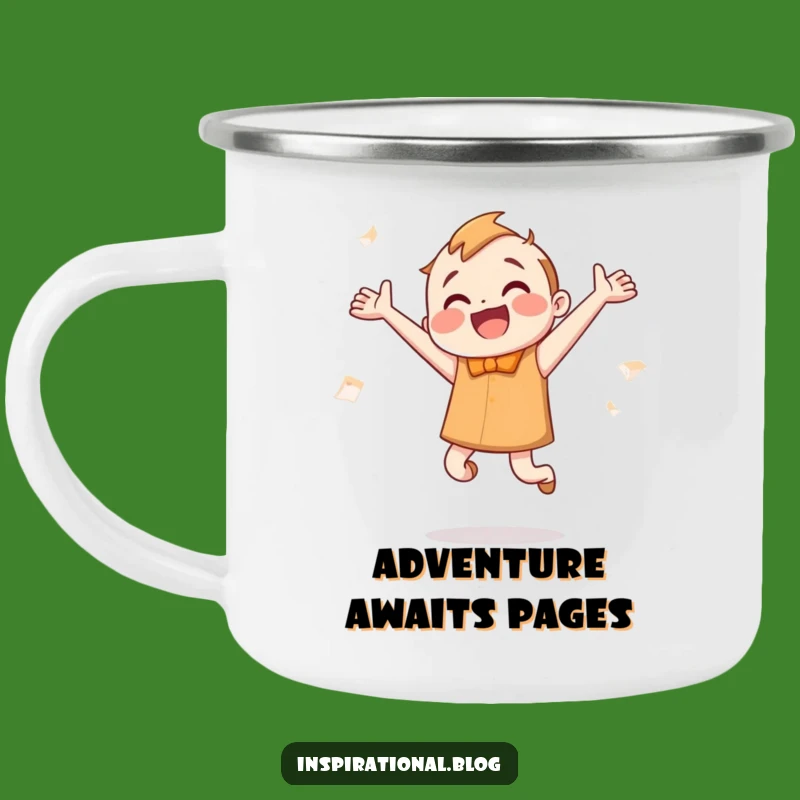 Funny Bookworm Jumping Camping Mug: Sip Your Coffee with a Fluttering Page Character