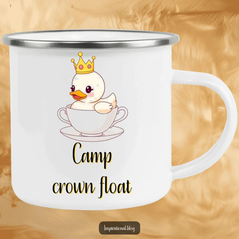 Funny camping mug showing a rubber duck wearing a crown, floating on a teacup, perfect for outdoor enthusiasts with a regal sense of humor.