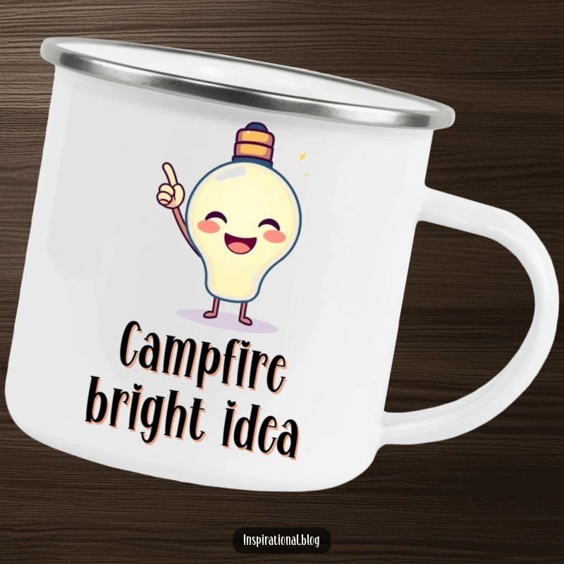 Funny Lightbulb Camping Mug showing a beaming lightbulb pointing its glow upwards, great for outdoor inspiration and gifting.