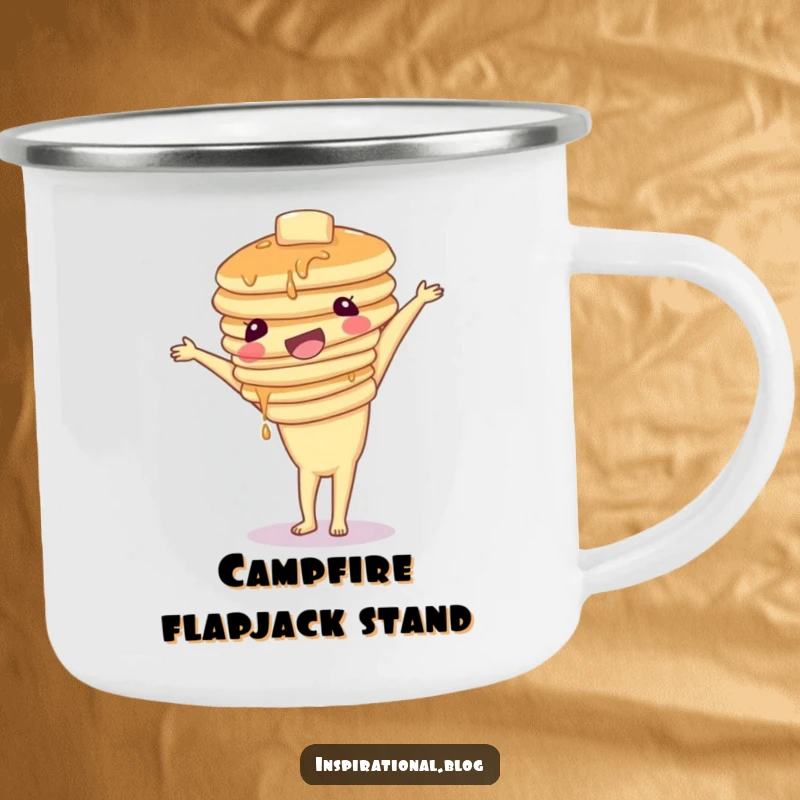 Funny camping mug showing a wobbly stack of pancakes attempting a handstand, perfect for breakfast lovers and outdoor enthusiasts.