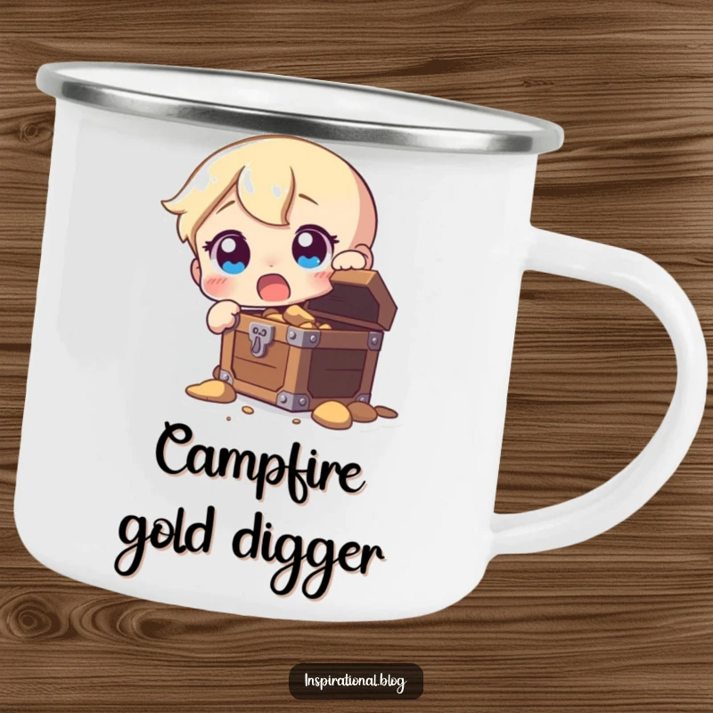 Funny camping mug with a wide-eyed character discovering a treasure chest, designed for adventurers who enjoy a humorous surprise.