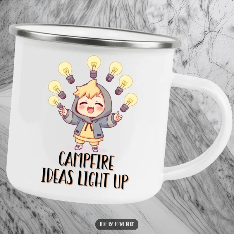 Funny camping mug featuring a character juggling glowing light bulbs, perfect for creative minds on outdoor adventures.