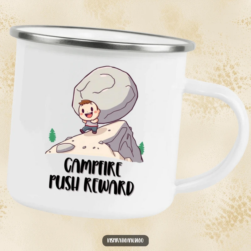 Funny camping mug with a determined character pushing a giant boulder uphill cheerfully, great for outdoor use and motivation.