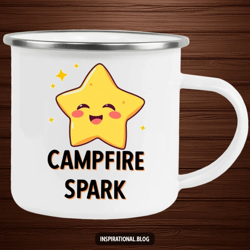 Funny camping mug featuring a laughing star character twinkling with joy, ready for outdoor adventures and starry nights.