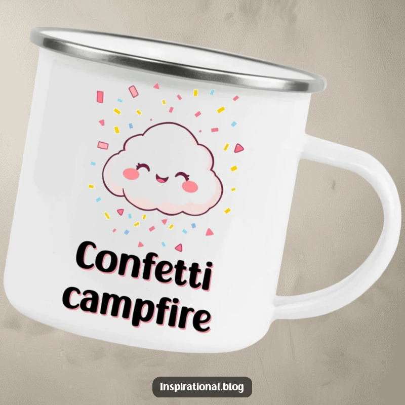 Funny camping mug featuring a giggling cloud character raining colorful confetti, ready for outdoor festivities and celebrations.