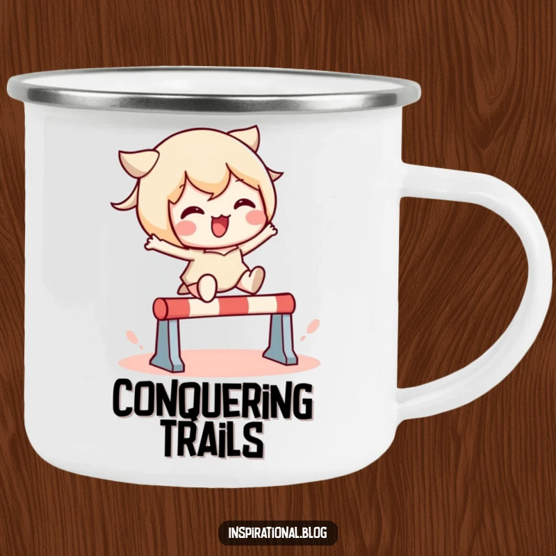 Funny camping mug showing a lively kawaii character leaping over a small obstacle, perfect for enjoying hot beverages outdoors with humor.