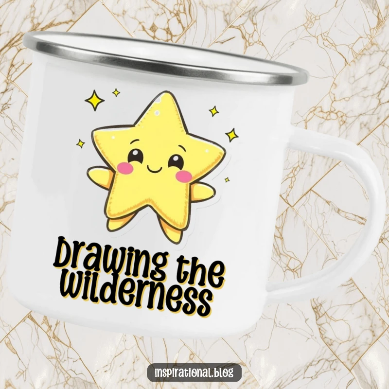Funny camping mug featuring a pen character cheerfully drawing a star, perfect for enjoying drinks outdoors with a creative and optimistic spirit.