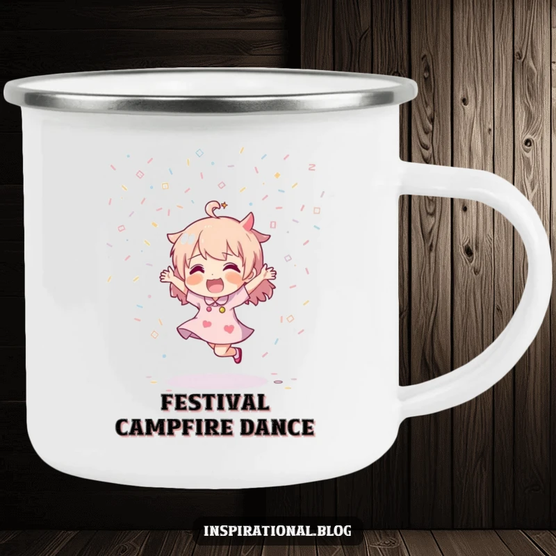Funny camping mug with a character dancing energetically, showered by confetti, designed for outdoor celebrations and humor.