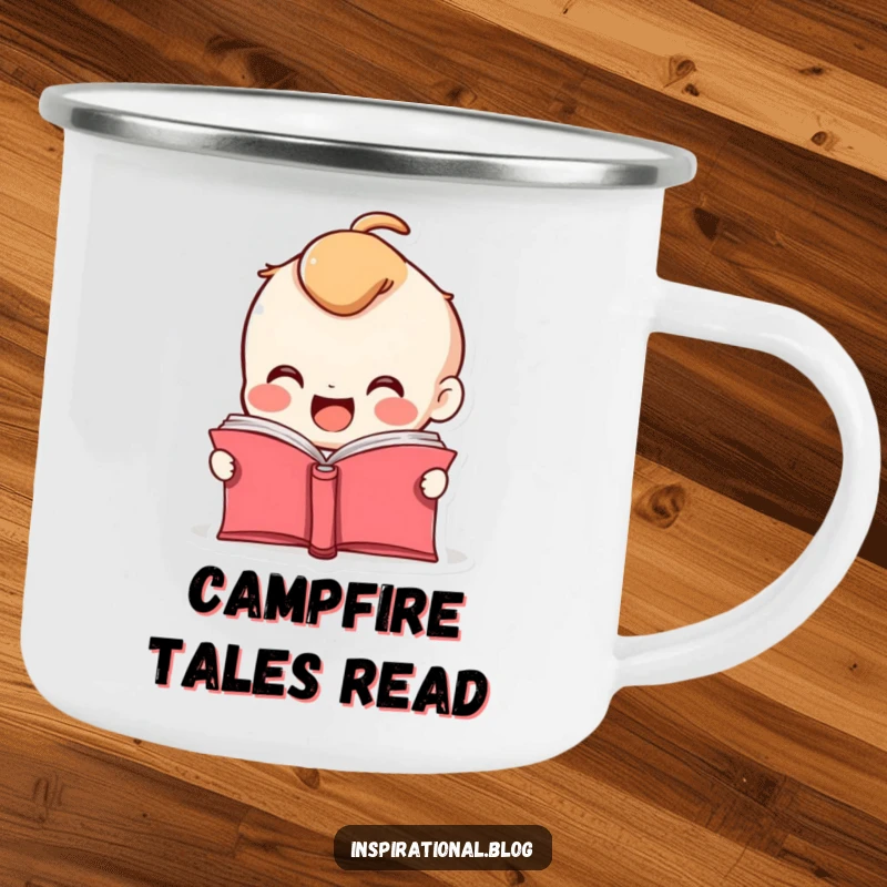 Funny camping mug featuring a book character with pages fluttering open, symbolizing excitement for exploration and stories.