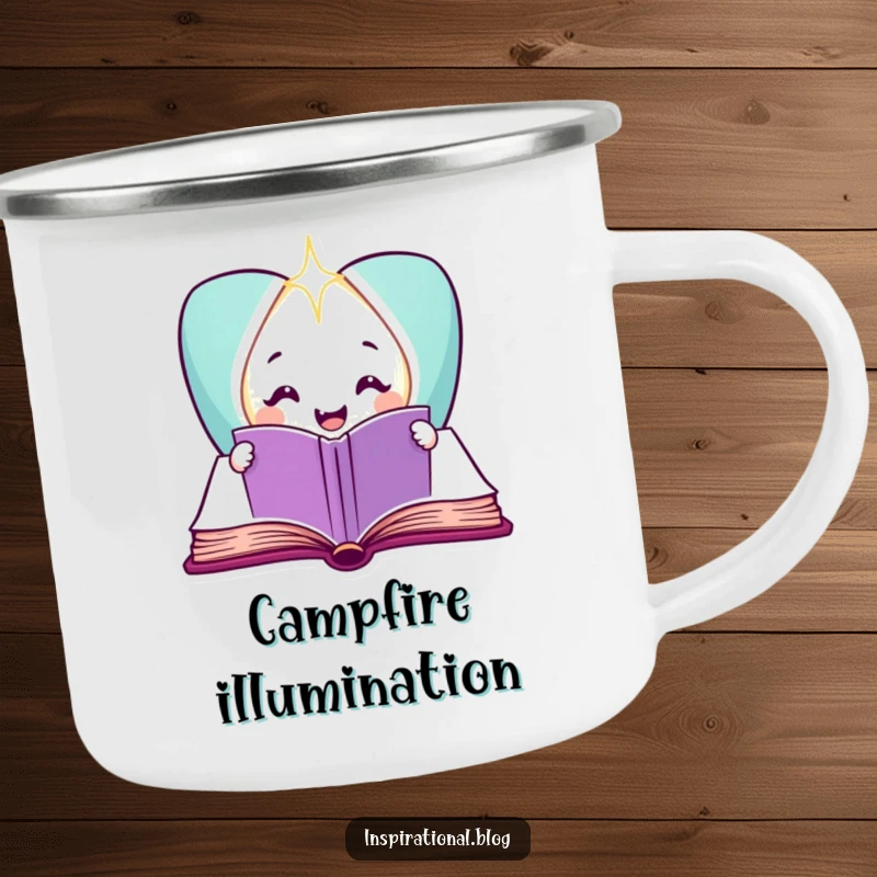 Funny smiling book character on a camping mug, radiating light for outdoor enjoyment.