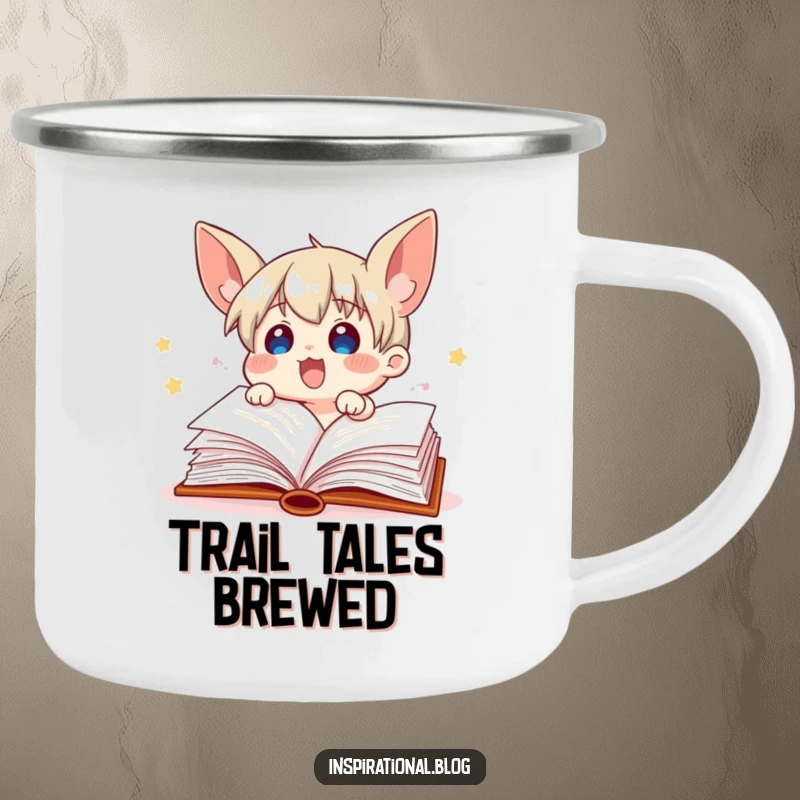 Funny book character with fluttering pages on a sturdy camping mug, celebrating reading during outdoor adventures.