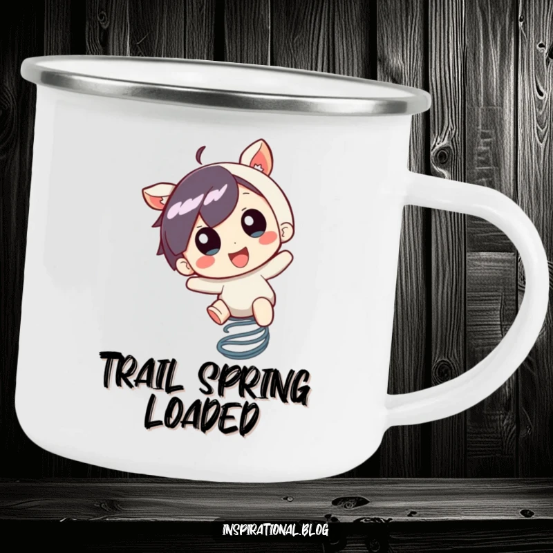 Funny Camping Mug: A little character bounces on a spring with pure excitement, perfect for outdoor drinks.
