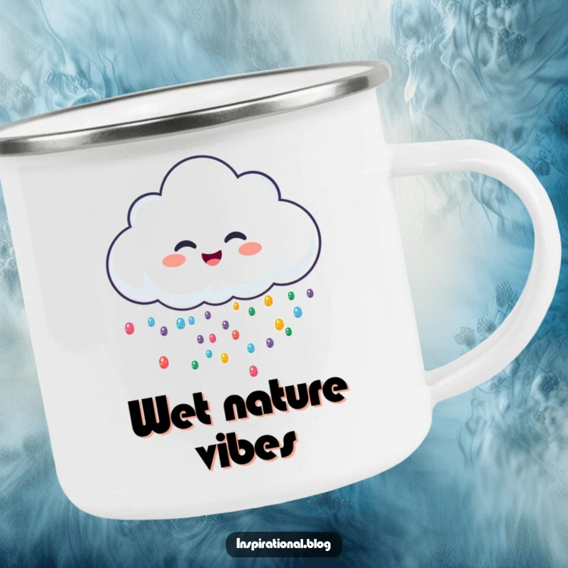 Funny camping mug featuring a cheerful rain cloud character giggling, sprinkling colorful drops, perfect for outdoor enjoyment.