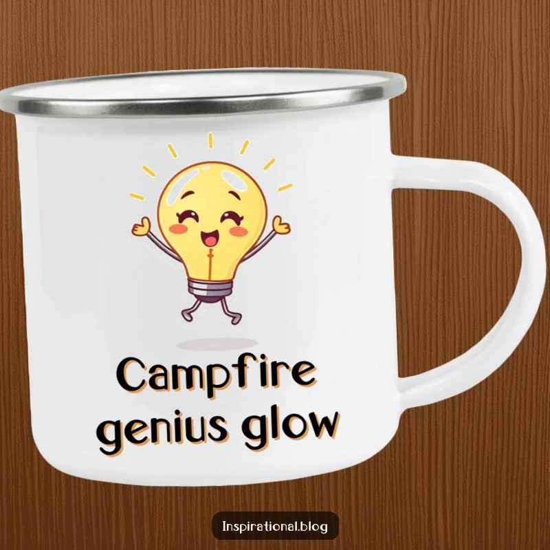 Funny camping mug with a dancing lightbulb character glowing warmly and moving energetically, perfect for outdoor exploration.