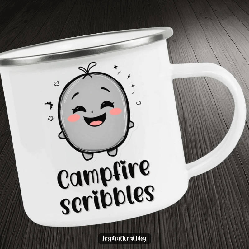 Funny Camping Mug with a chalkboard character, exaggerated smile, and a funny doodle, perfect for outdoor creativity.