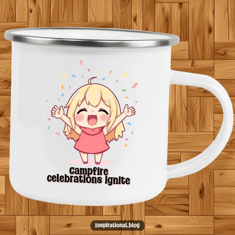 Funny camping mug featuring a character cheering joyfully with confetti raining down, perfect for celebrating adventures outdoors.