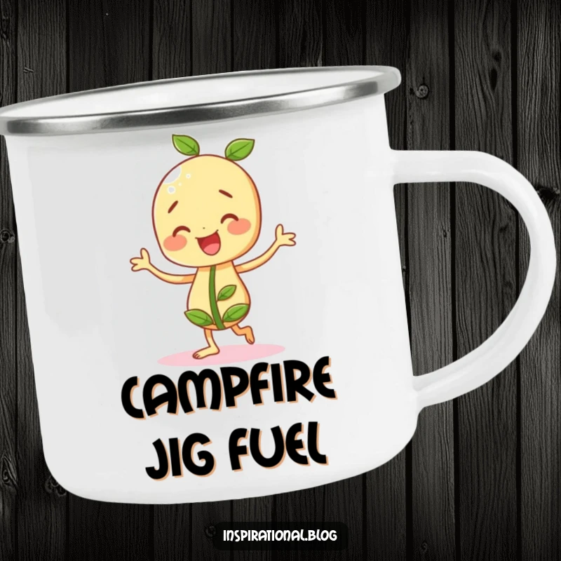 Funny seedling character doing a lively jig on a sturdy camping mug, perfect for outdoor fun.