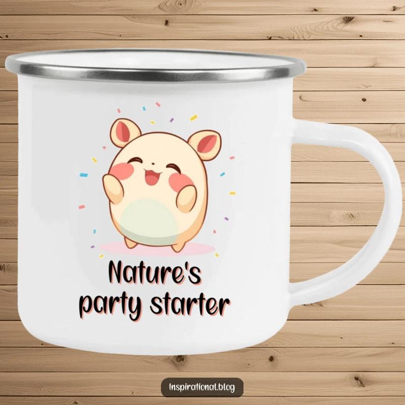 Funny Camping Mug: A small, round creature throws confetti and giggles, perfect for enjoying drinks on adventures.