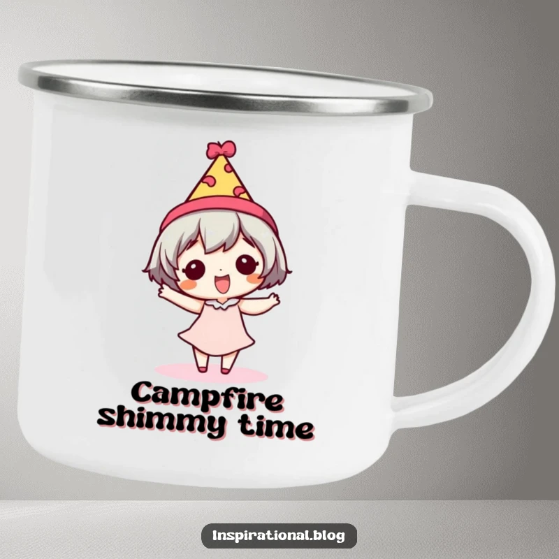 Funny camping mug showing a tiny character doing a silly dance wearing a festive hat, perfect for outdoor fun.