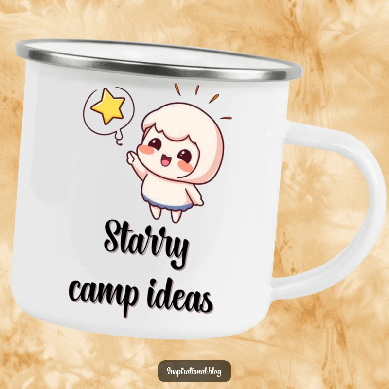Funny camping mug featuring a cute character pointing at a bursting star, thought bubble visible. Great for outdoor inspiration.
