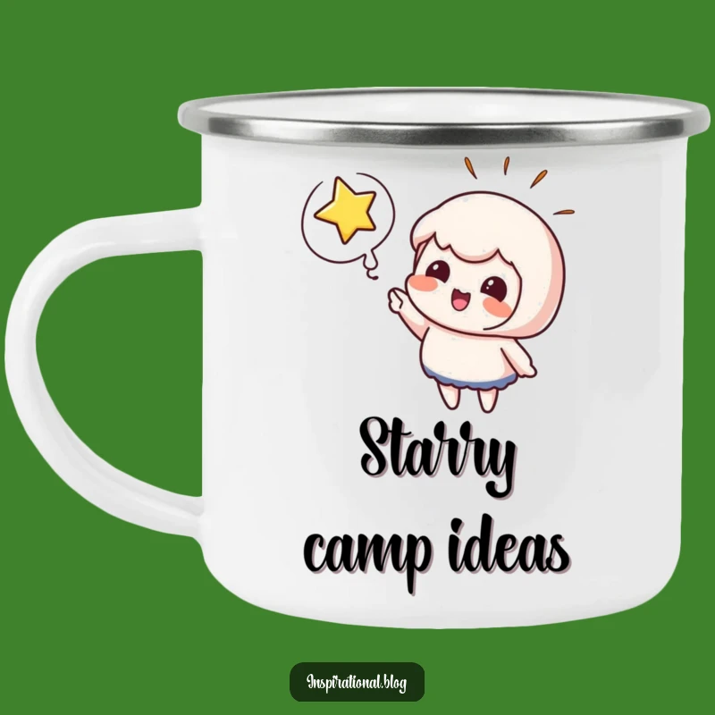 Funny Excitement Camping Mug - Cute Character Points at Bursting Star