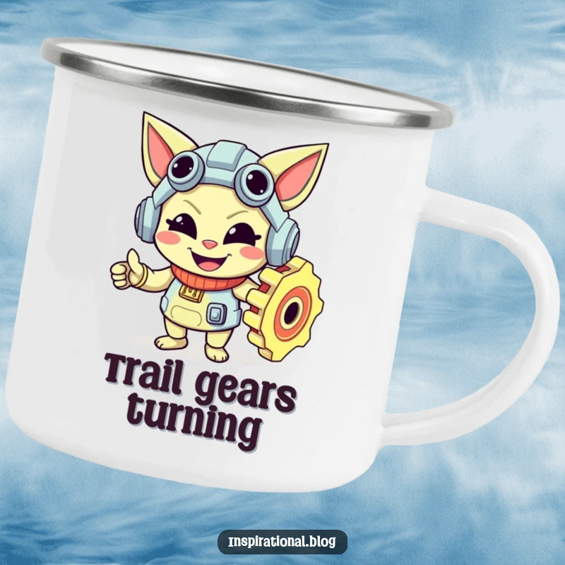 Funny gear character with a mischievous smile featured on a sturdy camping mug, perfect for outdoor enthusiasts.