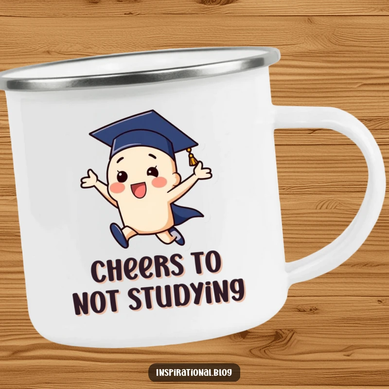 Funny graduation cap character leaping for joy, a durable camping mug for celebrating graduates outdoors.