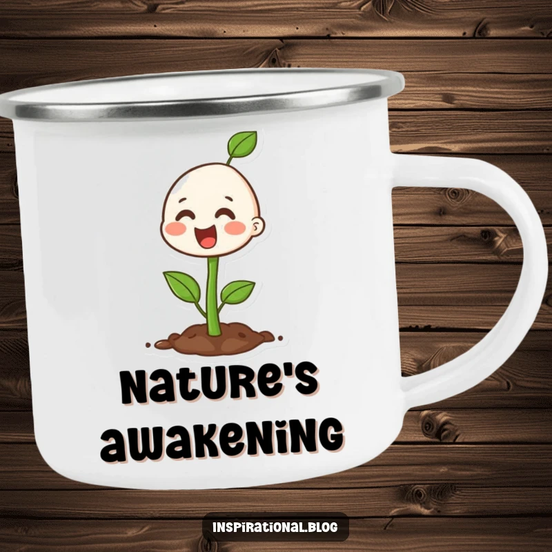 Funny happy seedling character on a camping mug, ready for outdoor inspiration and growth.