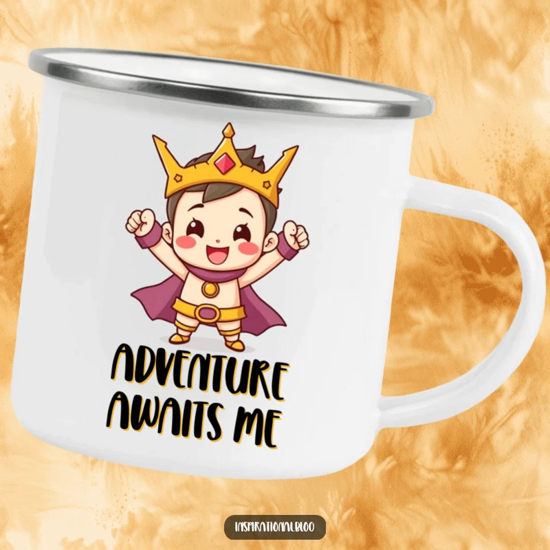 Funny Hero Camping Mug showing a cheerful, tiny character striking a heroic pose, great for outdoor bravery and gifting.