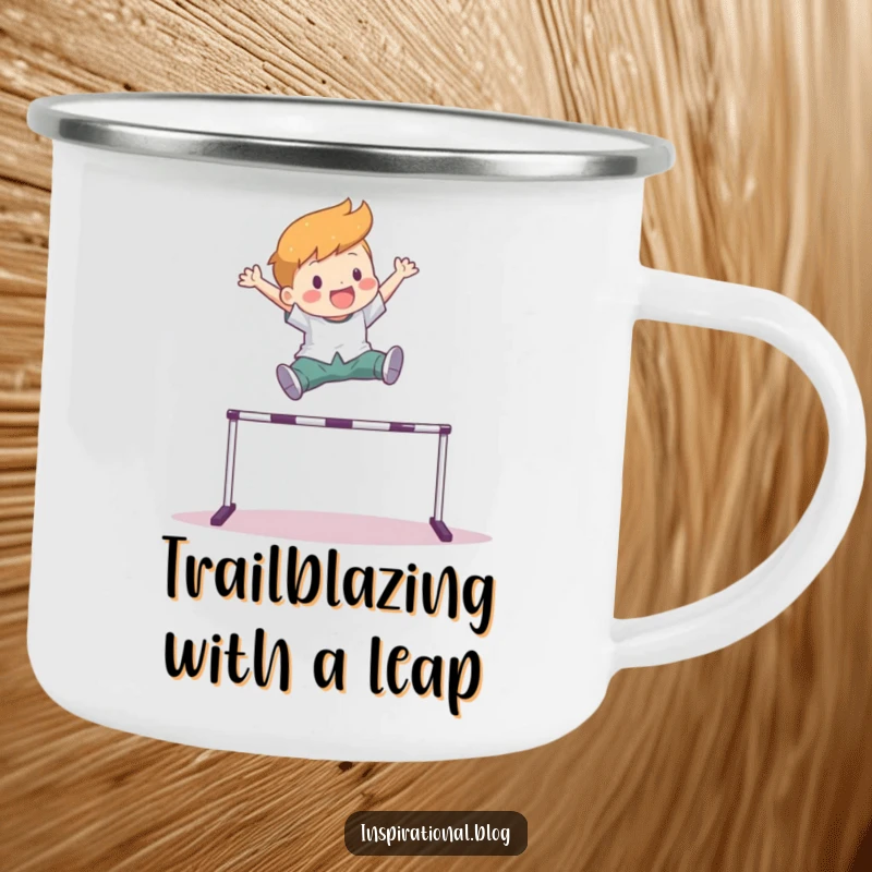 Funny camping mug featuring a character leaping joyfully over a hurdle, symbolizing overcoming challenges and enjoying the journey.